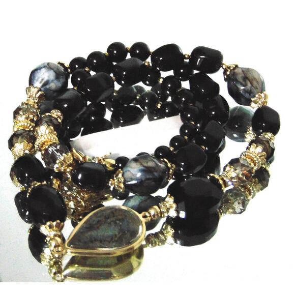 NEW Sara Bella Black Onyx Glass Bead NECKLACE 34" Adj Mother Of Pearl Nordstrom - Picture 10 of 11